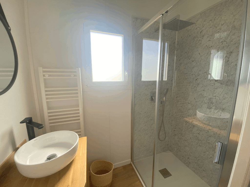 Salle de bain avec vasque, miroir, et douche